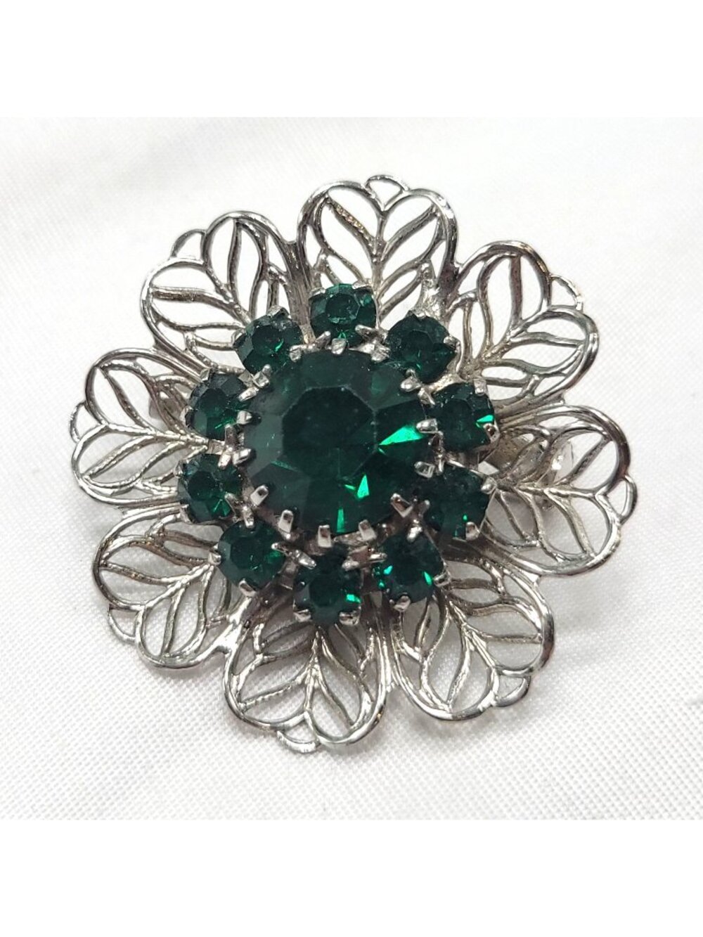 Vintage Floral Green Rhinestone Filigree Silver Tone Brooch Pin